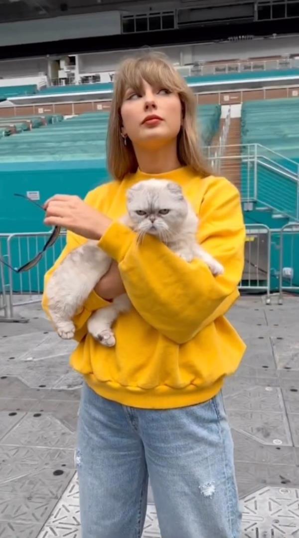 Taylor Swift wears a yellow sweater while posing for a photo with her cat at Hard Rock Stadium.